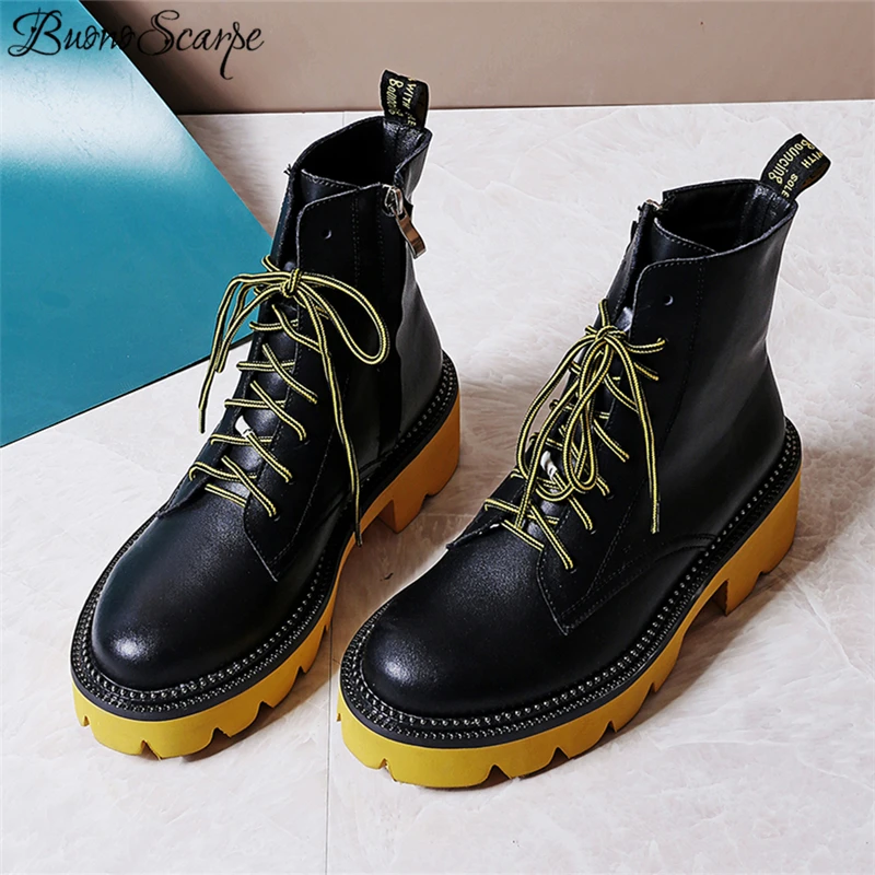 Buono Scarpe Mixed Color Women Ankle Boots Lace Up Female Ankle Botas Mujer Thick Bottom Genuine Leather Boots Fenimina Non-Slip