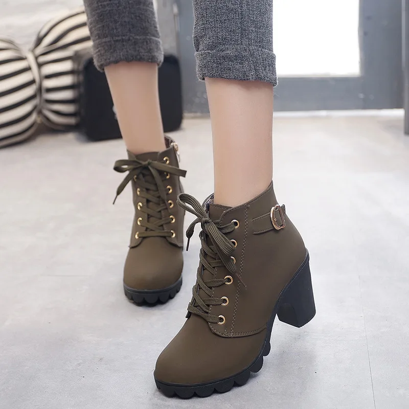 

high heel women's shoes lace up boots women's British thick metal zipper low tube autumn and winter leather short