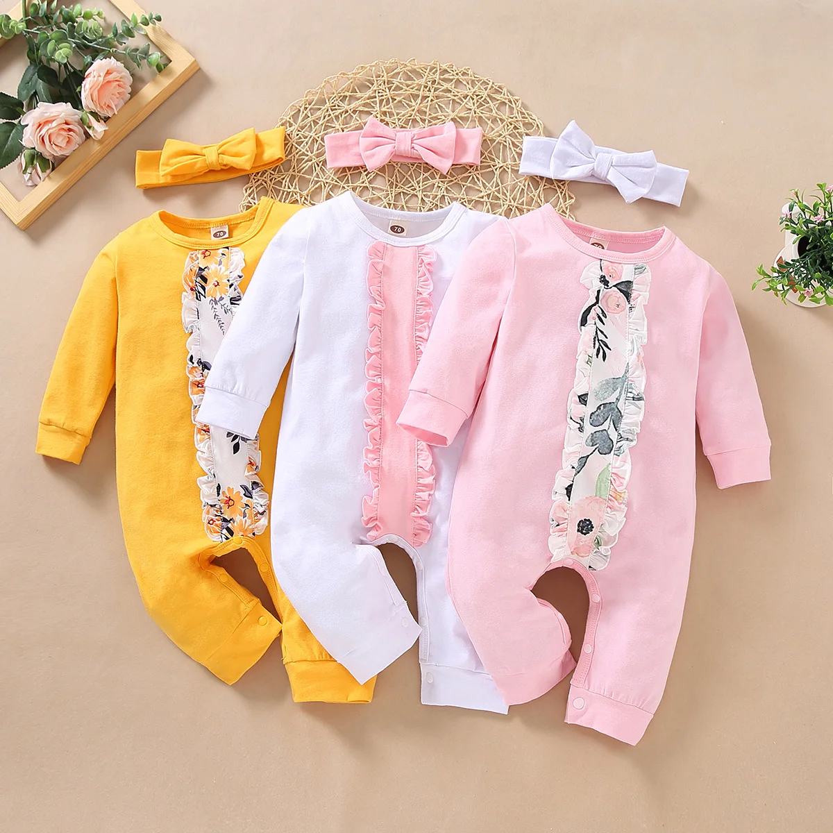

infant baby girls autumn full sleeve patchwork flower outwear rompers toddler newborn jumpsuits kids clothes sunsuits 0-18M