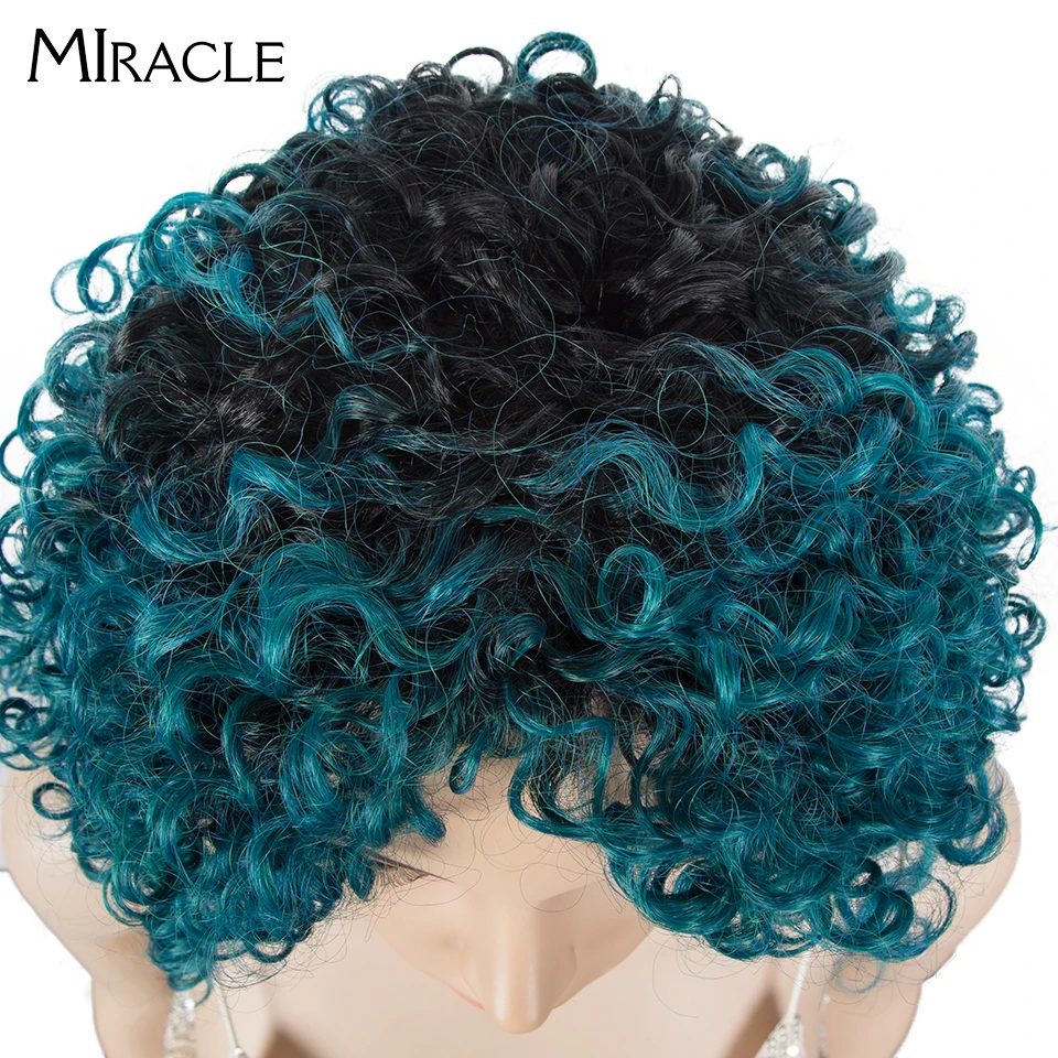 

Miracle Synthetic Afro Kinky Curly Wigs For Black Women Black 12 Inches Short Curly Wig With Bangs Blonde Green Wig Cosplay Wig