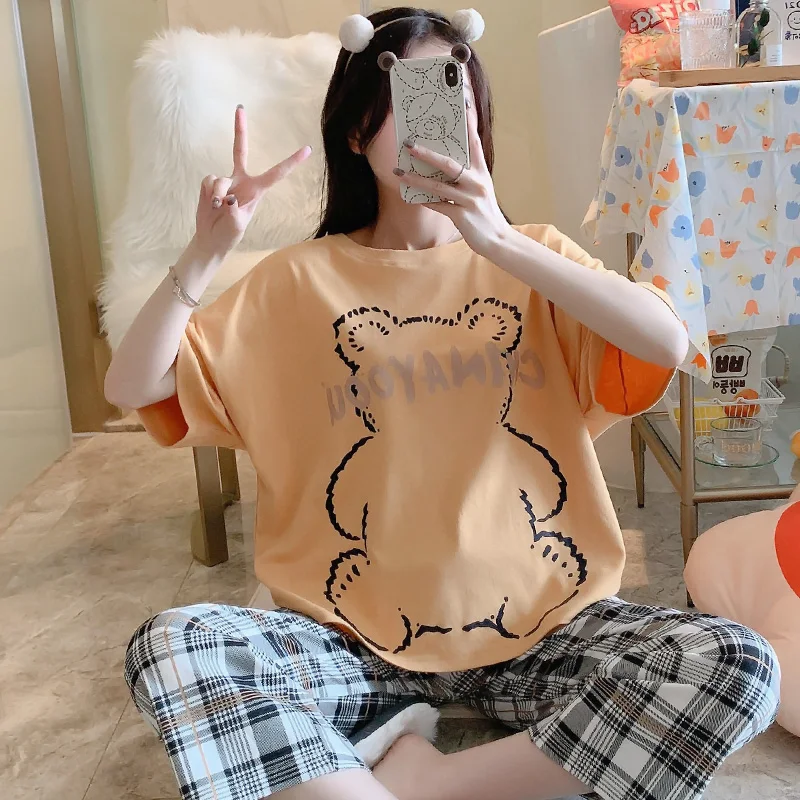 CAIYIER Summer Pajamas Suit Women Short Sleeves Cute Bear Print Sleepwear Casual Checked Trousers Korea Sweet Pyjamas Homewear