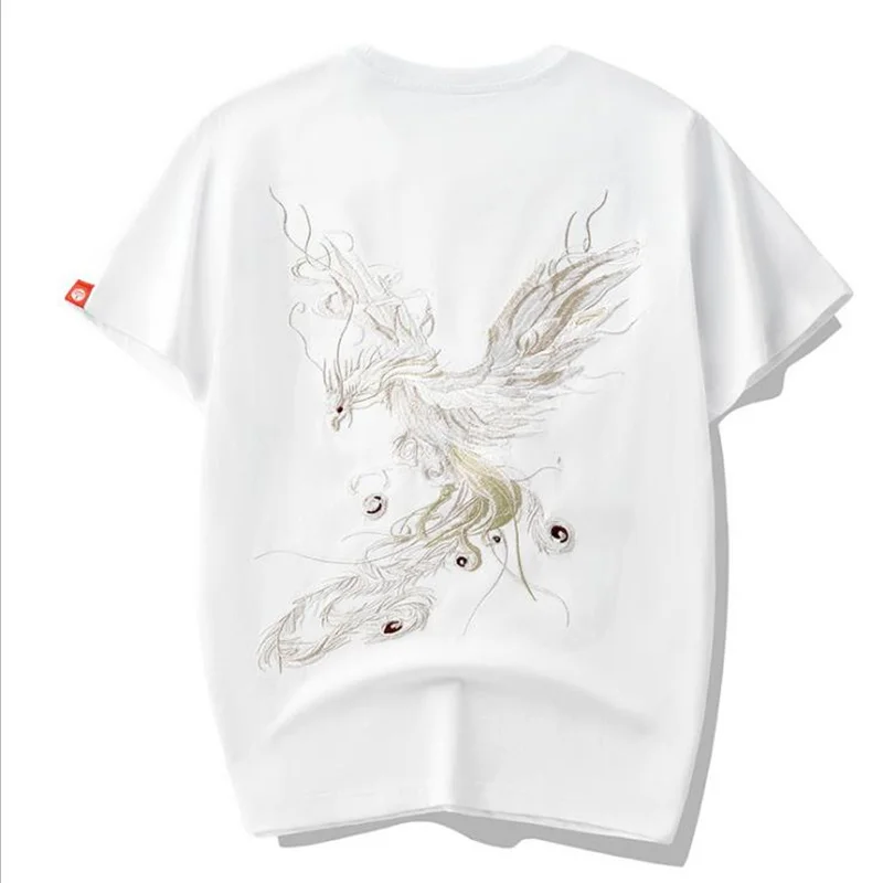 

High Quality Summer Men Tees Fashion Casual Cotton Loose Short Sleeve T-Shirt Stylish Chinese Phoenix Embroidered Male Youth Top