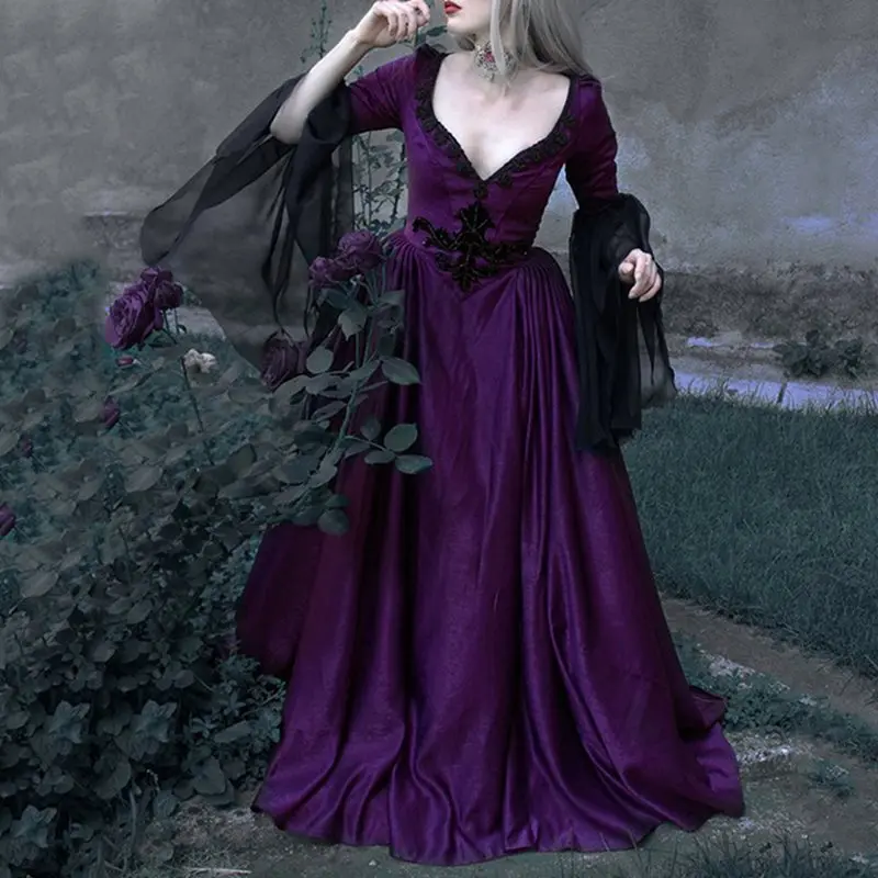 Женское винтажное длинное платье Goth темно черное Сетчатое в стиле ретро на осень