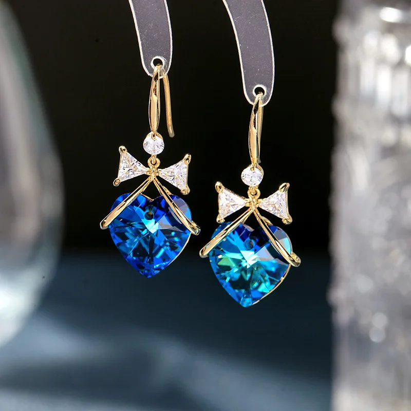 

Blue Color Heart Zircon Bow Earrings Trend Sweet For Women Jewelry Luxury Temperament Fashion Drop Earrings Accessories Korean