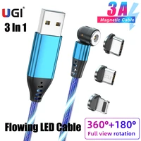 ugi 540%c2%b0 rotate magnetic cable 3a fast charging cable flowing light led luminous mobile type c usb c micro usb cable for iphone