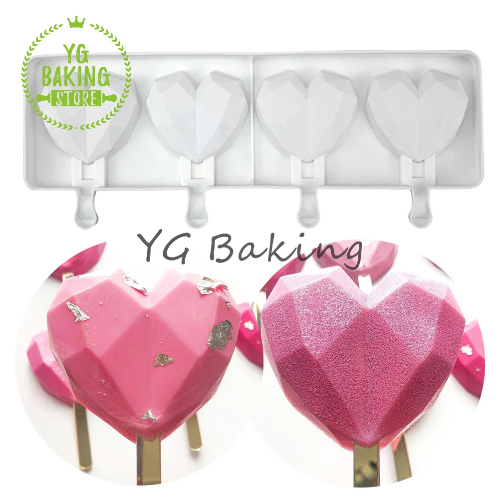 

4 Cavities Diamond Love Heart Ice Cream Chocolate Mousse Mold Fondant Cake Decorating Tools Kitchen Supplies Bakeware