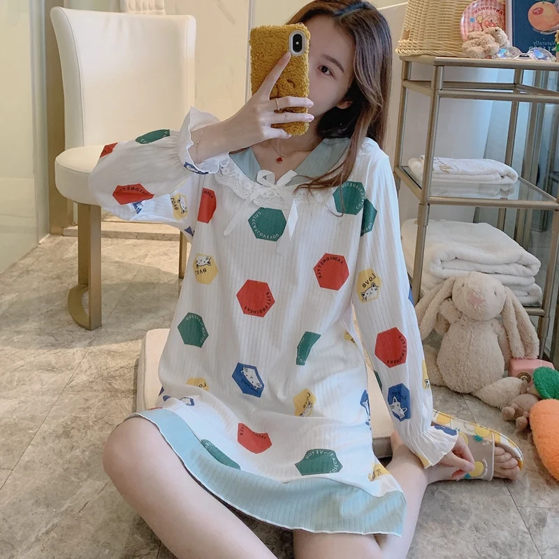 

2020 Autumn 100% Cotton Print Long Sleeve V-neck Nightgowns for Women Cute Lace Bow Sleepwear Nightdress Night Home Dress Nighty