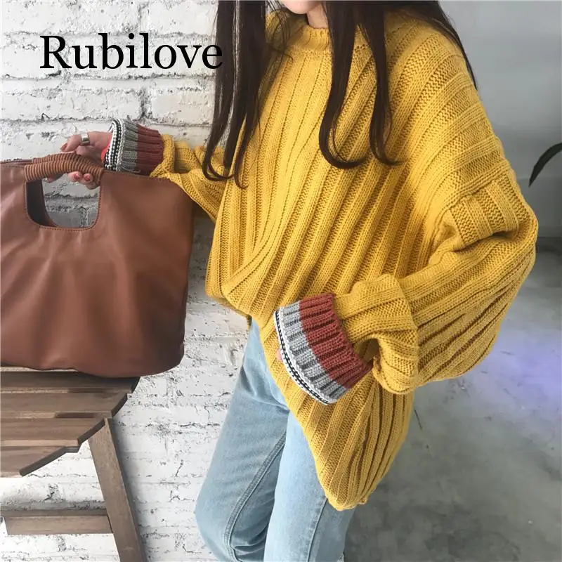 

Rubilove, Свободный вязаный свитер для женщин, грубая шерсть, вязаный джемпер, однотонный, Осень-зима, трикотаж, повседневный женский свитер бол...