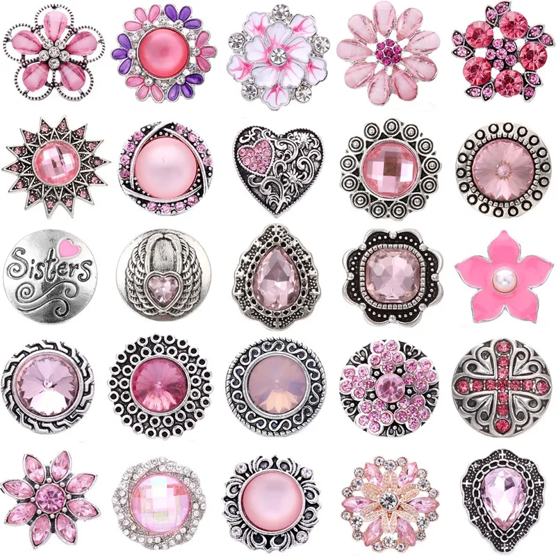 

5 шт./лот новые кнопки ювелирные изделия розовый цветок из горного хрусталя 18 мм Металлические Кнопки подходят для металлического кожаного ...