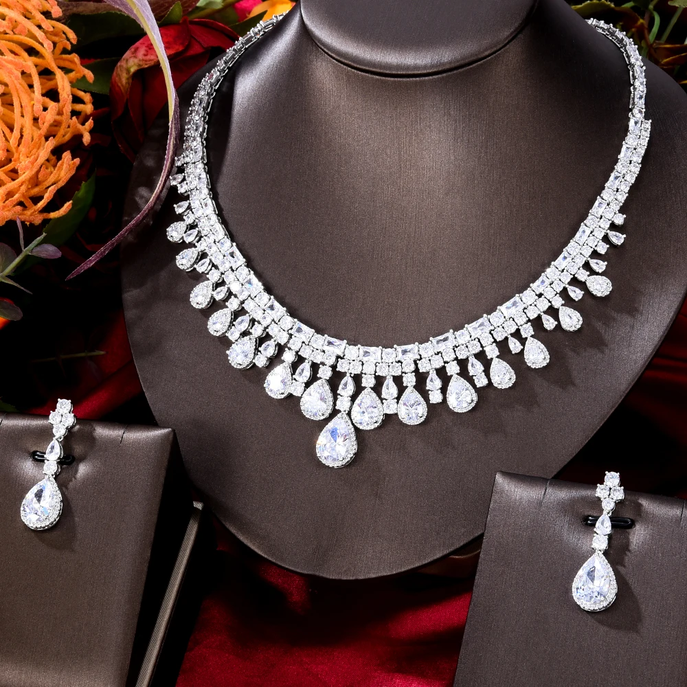 

KellyBola Trendy Shiny Romantic Pendant Necklace Earrings Jewelry Set For Women Classic Luxury Bridal Wedding Party Accessory