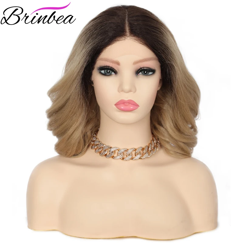 

Brinbea 14 Inch Synthetic Hair with Natural Baby Hair Short Wave Curly for Women Middle Parting Soft Swiss Lace Front Wigs