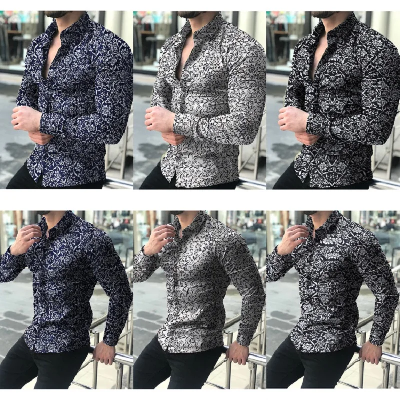 Camisas florales de manga larga de Otoño de 2021 para hombres camisas estampadas con flores de corte delgado para hombres cami