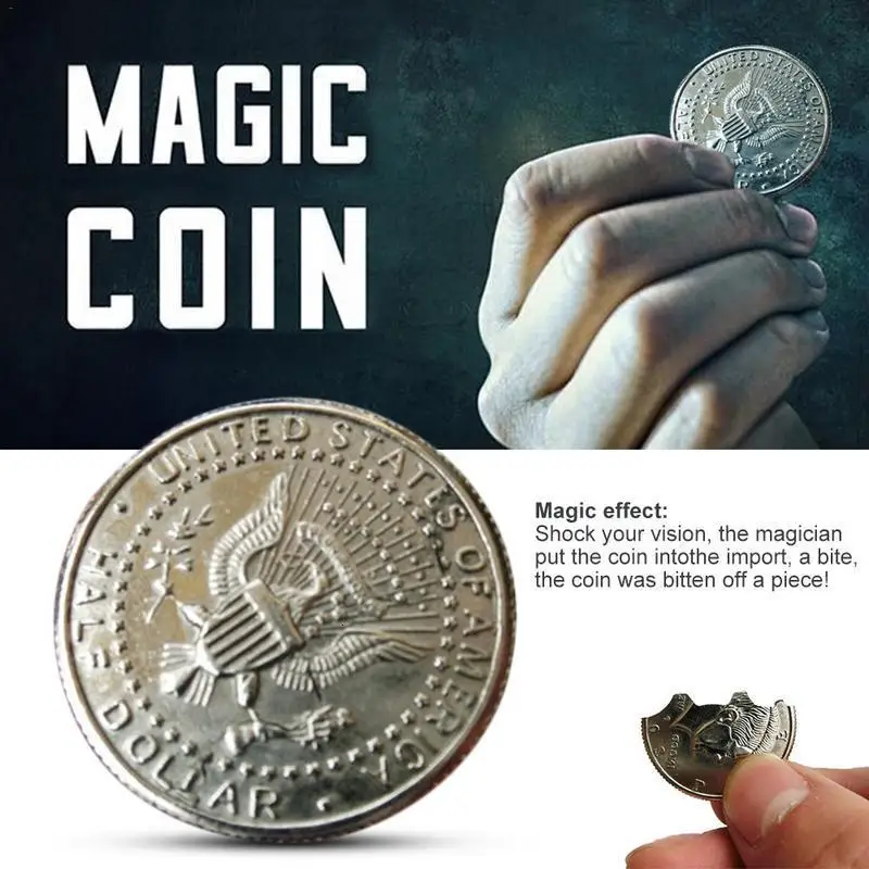 

New Hot Two Fold Bite Coin Dollars Magic Close-up Street Magic Trick Prop Bite Coin And Bite Currency Restore Half Illusion baby