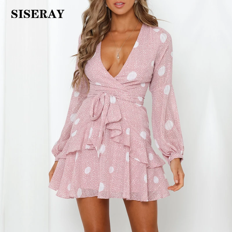 Летнее сексуальное шифоновое платье в горошек с v образным вырезом и оборками