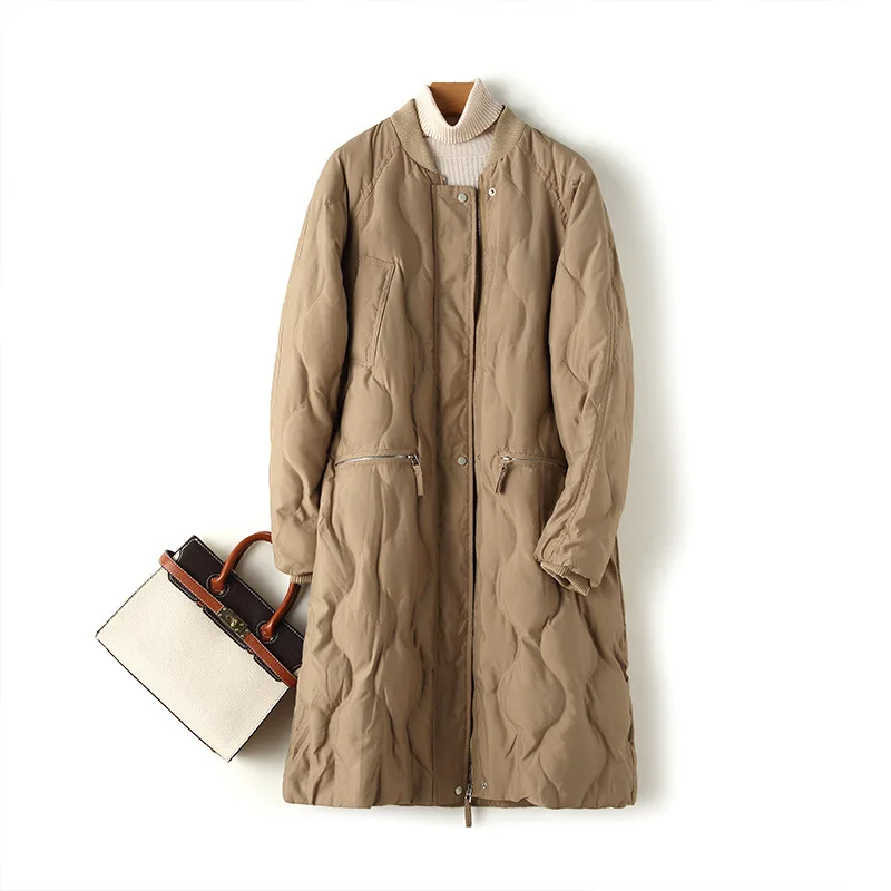 

Khaki Baseball Down Jacket Coat Loose Women Winter New Fashion Long Outwear White Duck Down Coat Plus Size Warm Jacket