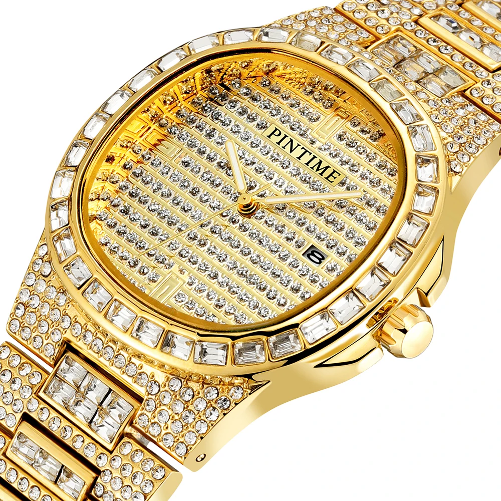 

Cool Gold Men Dress Watches Bling Diamond Quartz Men's Business Watch Waterproof Stainless Steel Luxury Male Clock Reloj Hombre