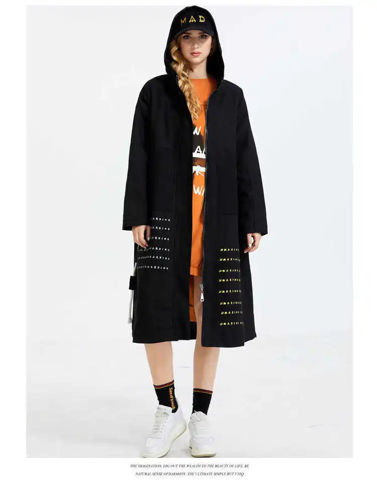 

Vefadisa Black Letter Print Women Parka 2021 Autumn Winter Hooded Cotton-padded Clothes Mid-length Thick Parka Loose QYF4023