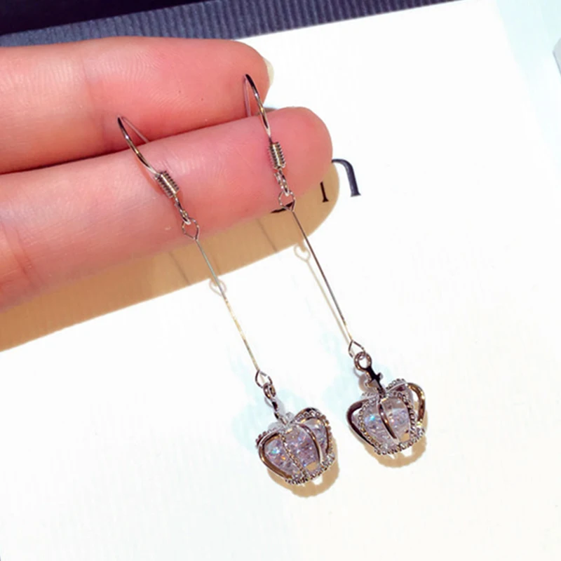 

Trendy 14K Real Gold Geometric Hollow Out Crown Drop Earrings for Women Long Tassel Jewelry S925 Silver Needle Shiny AAA Zircon