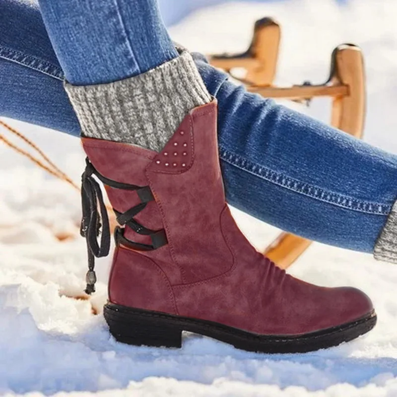 Puimentiua Winter Shoes Women Boots Basic Mid-Calf Boots Round Toe Zip Platform Decor Female Shoes Warm Lace Up Boots Shoes