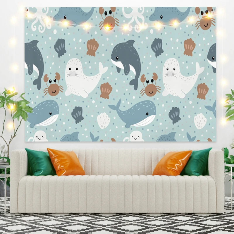 

Cartoon Tapestry Fish Blue Backdrop for Livingroom Photography Wall Decor