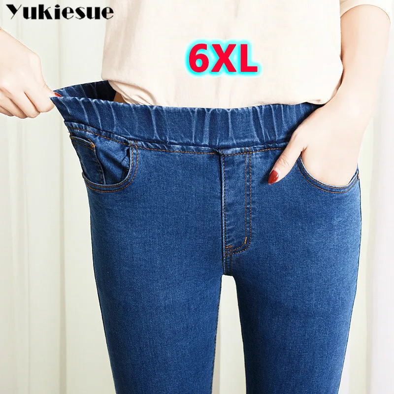 

FAKUNTN 2019 Spring Summer Plus Size 5xl high Elastic Waist Stretch Ankle length push up mom Jeans for Women Skinny Pants
