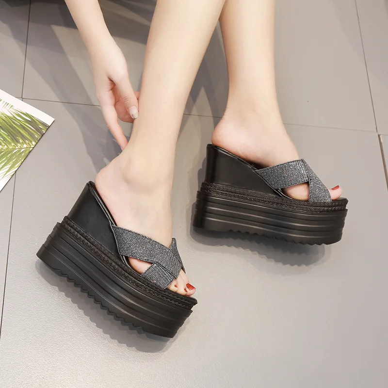 

Women's shoes summer 13CM high-heeled new slippers thick-soled sandals slope with waterproof platform non-slip outer wear