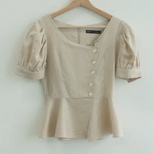 

Retro Square Collar Shirt Puff Sleeve Oblique Button Blouse Women's 2021 Summer Blusas Mujer Personality Waist Slim Short Top