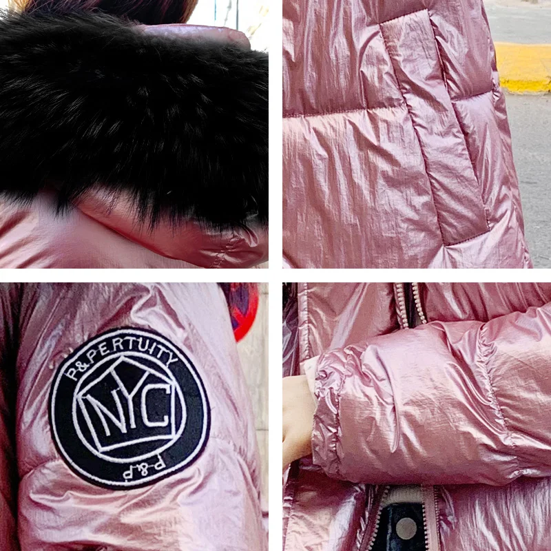 

High Quality New Winter Jacket Women Warm Thicken Hooded With Real Fur Long Coat Shining Fabric Stylish Female Parka