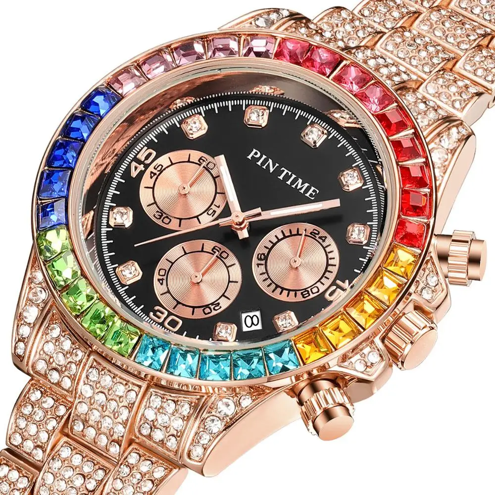 2020 мужские часы с хронографом со льдом сталь золото бриллиант Топ бренд