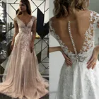 Блестящее свадебное платье цвета шампанского, ТРАПЕЦИЕВИДНОЕ, с коротким рукавом, Кружевная аппликация, блестящее, свадебное платье, платья для невесты, 2021