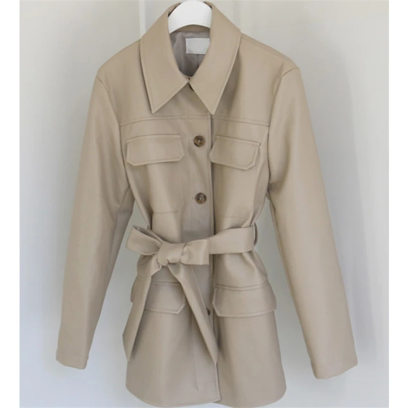 Leather Women 2019 New Spring Autumn Long Paragraph Single-Breasted Ties Belt Multi-Pocket Locomotive Casual Jacket Tide | Женская