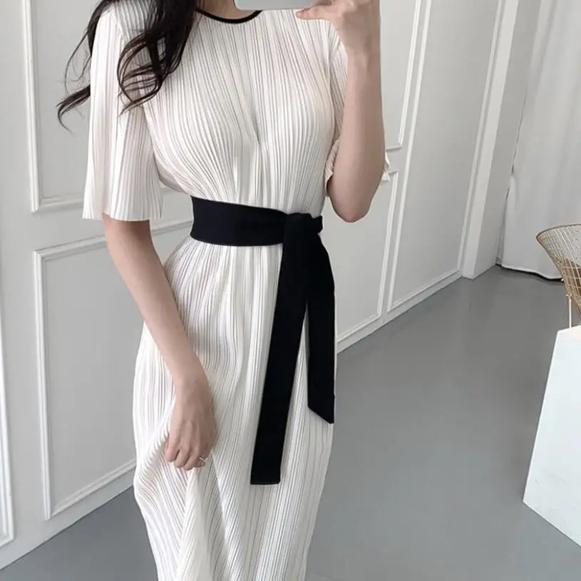 

2020 Summer Clothes Women Dress O-Neck Short Sleeve Elegant Solid Color Female Slim Party Dress Ladies Sashes Vestidos JW9018