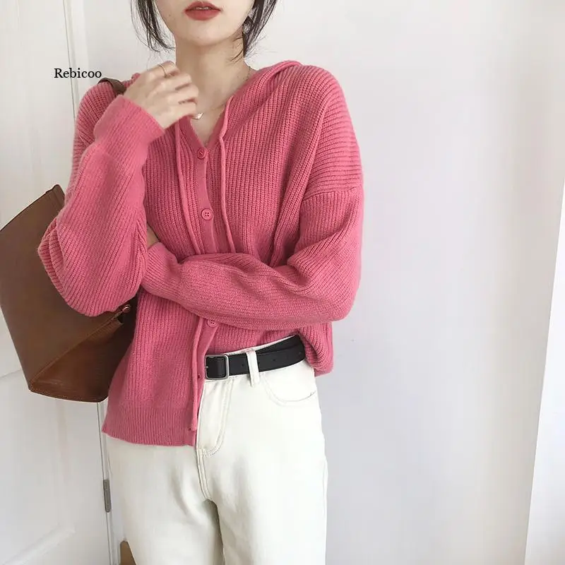

Casual Solid Knitted Hooded Cardigan Women Sweater Autumn Warm Single Breasted Female Sweater Drawstring Ladies Cardigan
