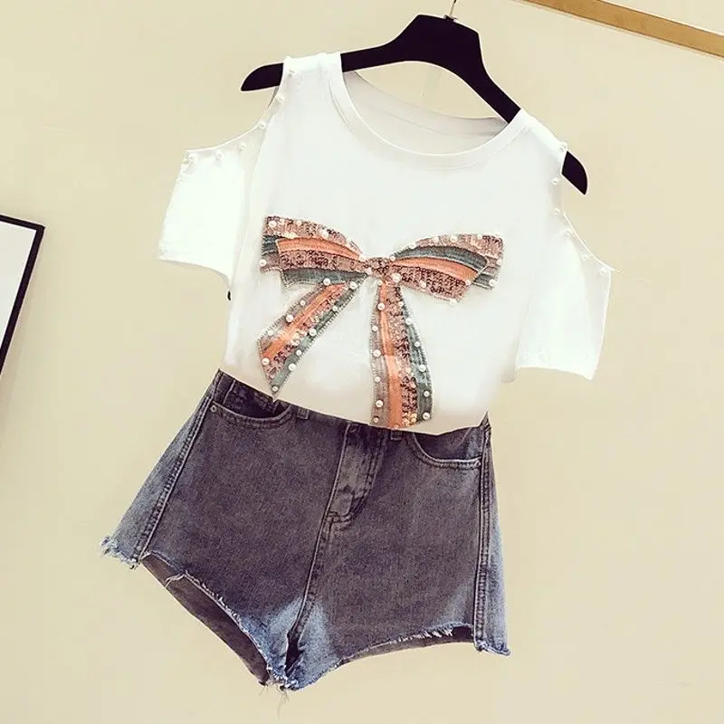 

2021 Summer New Korean Version Handmade Beaded Bow Sequins Strapless Round Neck Short Sleeve T-shirt Women Cotton Tshirts Women