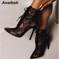 aneikeh black mesh womens boots fashion pointed toe lace up high heels women transparent ankle boots female sandals pumps dress
