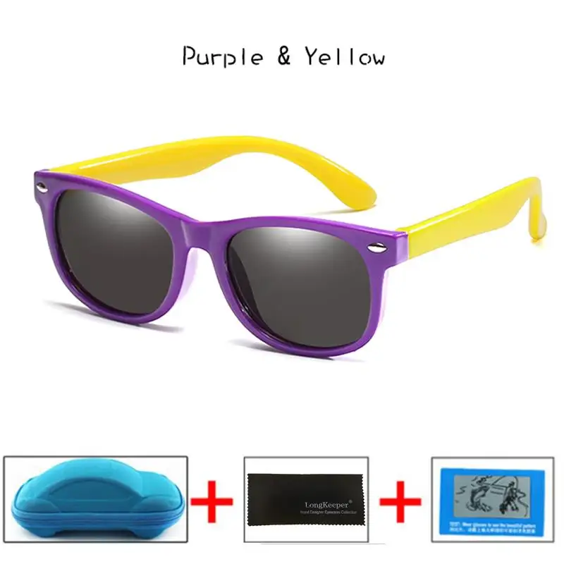 Purple Yellow Поляризационные детские солнцезащитные очки longkeader для мальчиков и девочек, небьющиеся Защитные солнцезащитные очки TR90 UV400 очки с коробками - Цвет линз: Purple Yellow