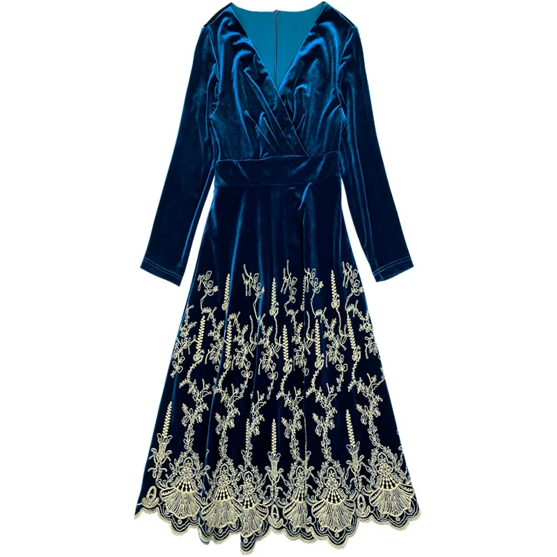 

spring Runway 2021 New sexy Mother Velvet dress ladies women embroidery dresses xxxl Christmas winter Vintage retro warm Dress