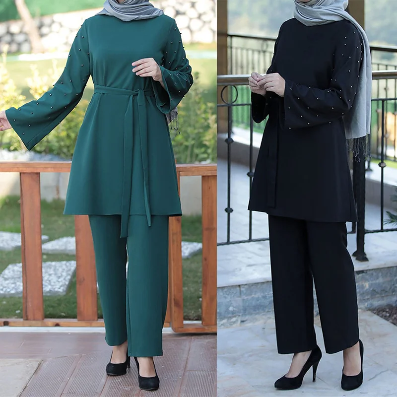 

Richkeda Store New 2021Muslim 2 Piece Sets Women Abaya Dubai Lace-up Tops And Wide Leg Pants Kaftan Eid Pakistan Turkey African