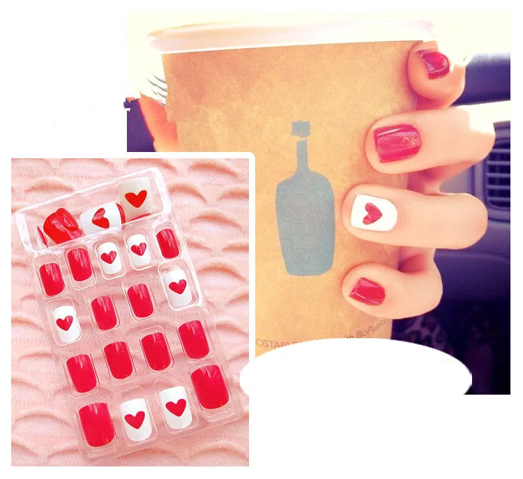 

Накладные ногти с рисунком сердца, короткие, Овальные, вишнево-красные, белые, 24 шт., в коробке, подарок для подруги