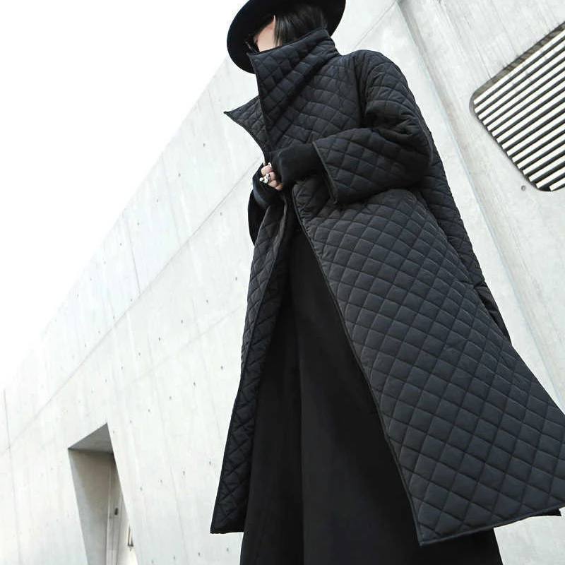 Autumn/winter 2022 Dark Turn-down High-necked Diamond Quilted Cotton Open Side Slit Long Padded Jacket Women's Cotton Jacket