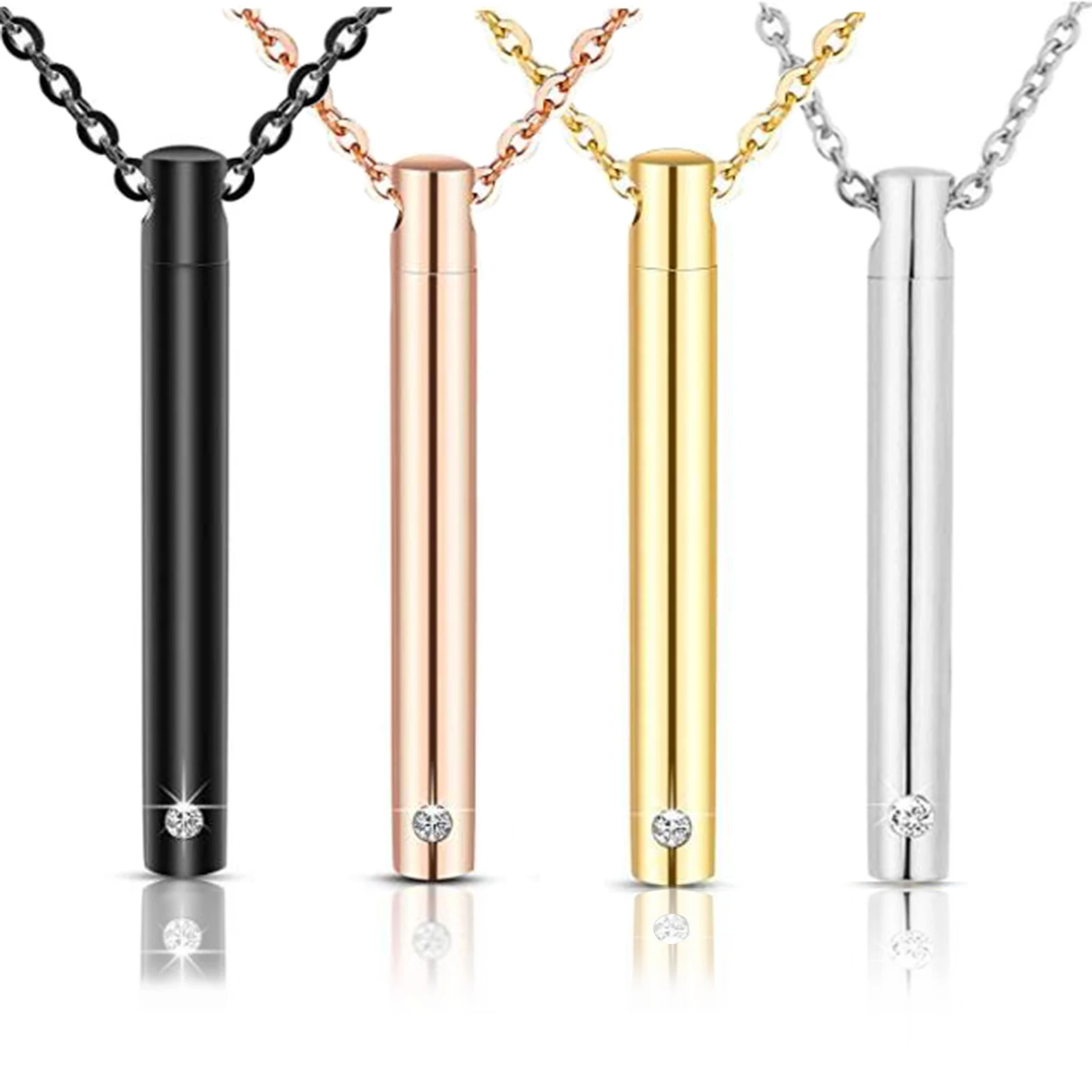

Unisex Stainless Steel Bar Cylinder Crystal Memorial Urn Pendant Slide Screw Openable Cremation Necklace for Ashes Holder