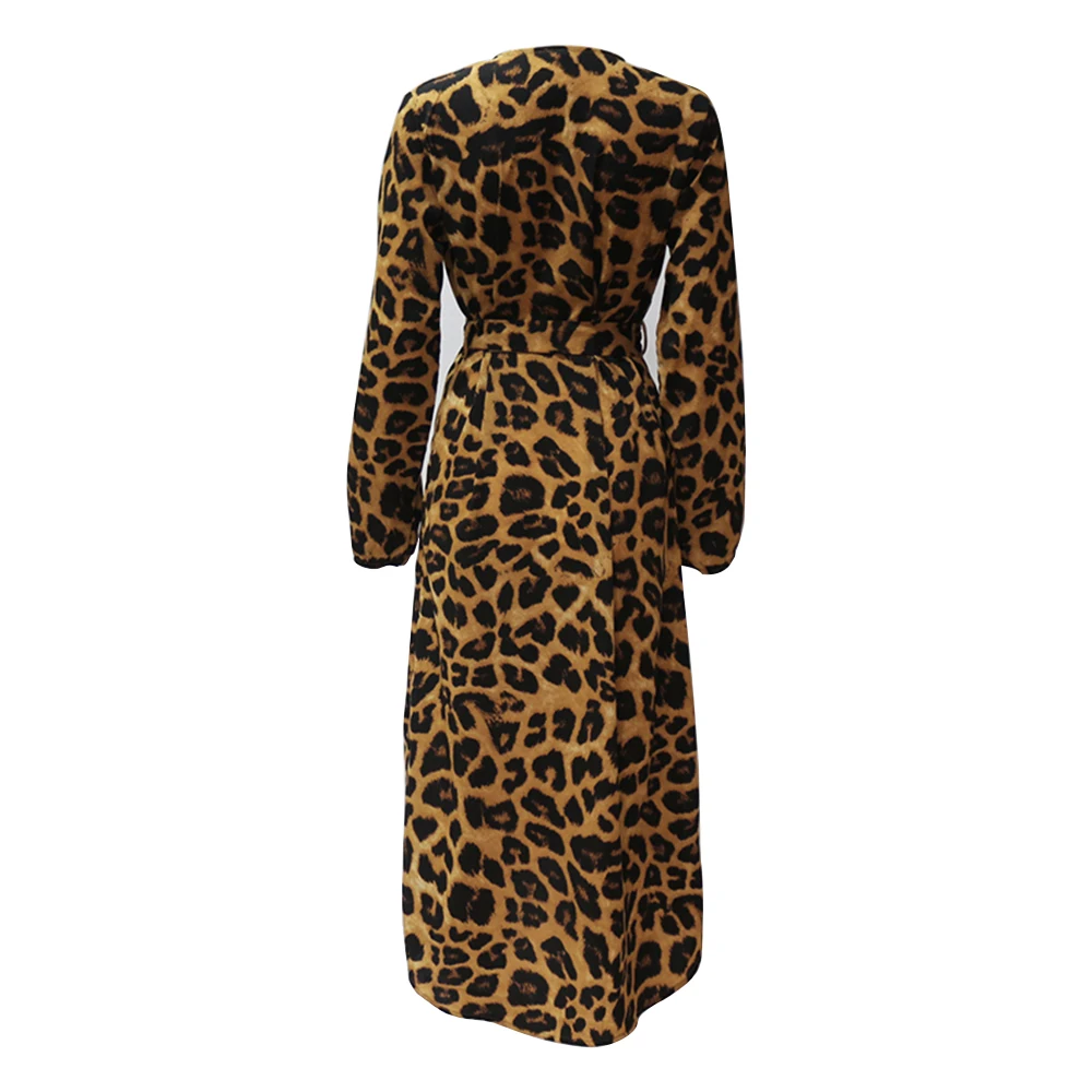 

Sexy Elegant Leopard Midi Dress Office Ladies V Neck Side Split Slim Vintage Lantern Sleeve Fashion High Street Long Dress Belt