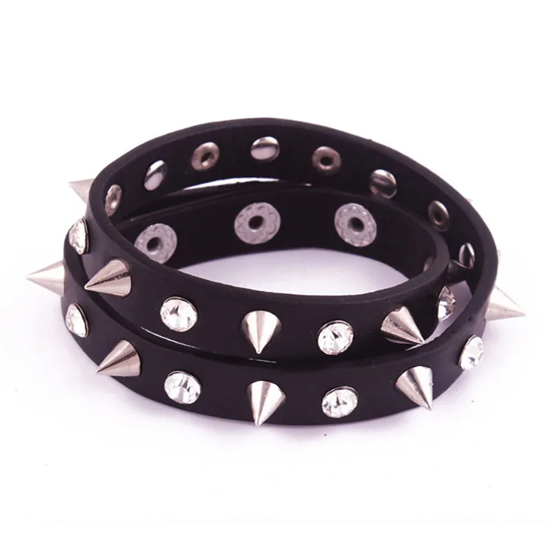 

Vintage Rock PU Leather Cuff Snap Button Charm Bracelets Punk Style Cuspidal Spikes Rivet Cone Stud Bangles For Women