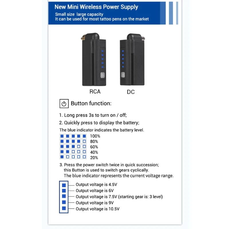 

F1FF Wireless Tattoo Power Supply Professional Mini Rechargeable USB Power Battery Supply 2000mAh RCA/DC Cord Tattoo Machine
