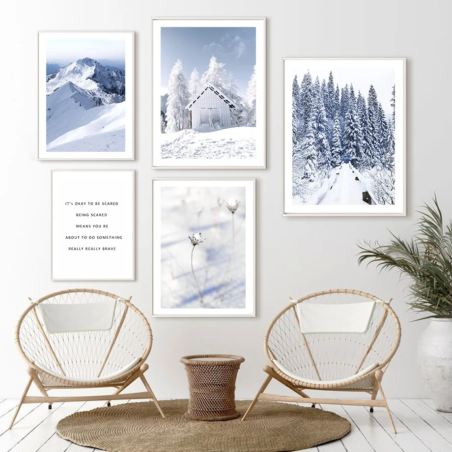 Настенная Картина на холсте зимняя Снежная гора лес деревянная кабина лиса