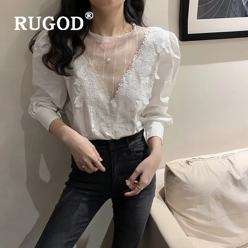 RUGOD кружевная блузка с пышными рукавами женские блузки длинным рукавом