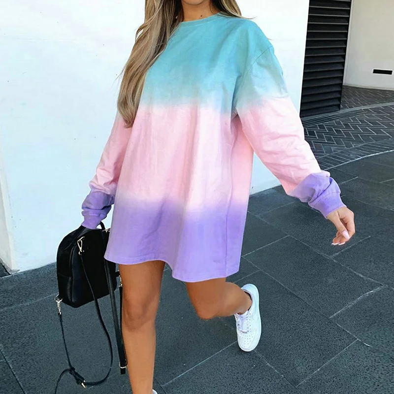 

Fashion tie-dye Mini T-shirt Dress Lady Casual Round Neck Tie Dye Long Sleeve Loose Women Shirt Summer Dress Women Casual Dress