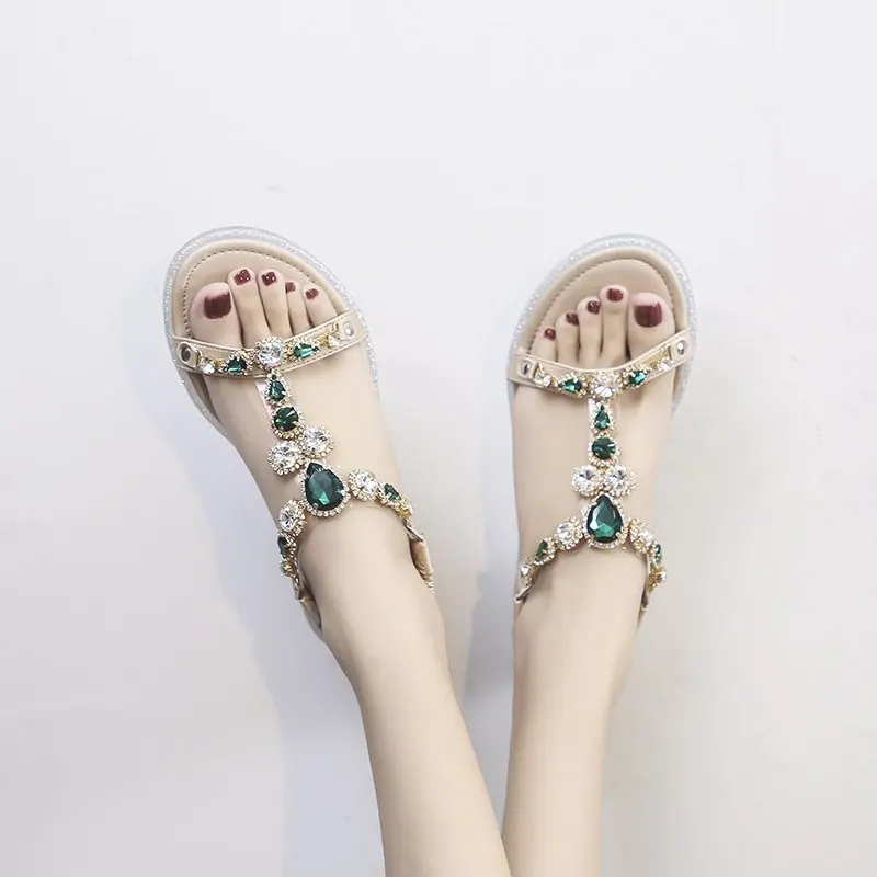 

VMTI 2021 Summer New Fashion Rhinestone Sandals Female One-Word Low-Heeled Open-Toed Elastic Band Sandals