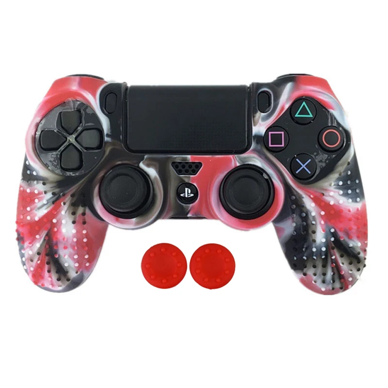 2 в 1 Шипованный Противоскользящий силиконовый чехол для sony playstation Dualshock 4 PS4 Pro тонкий контроллер и свободные ручки - Цвет: Camo Red