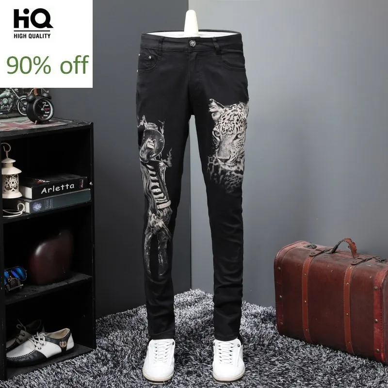 Мода 2020 черные мужские джинсы с принтом персонализированные облегающие уличные